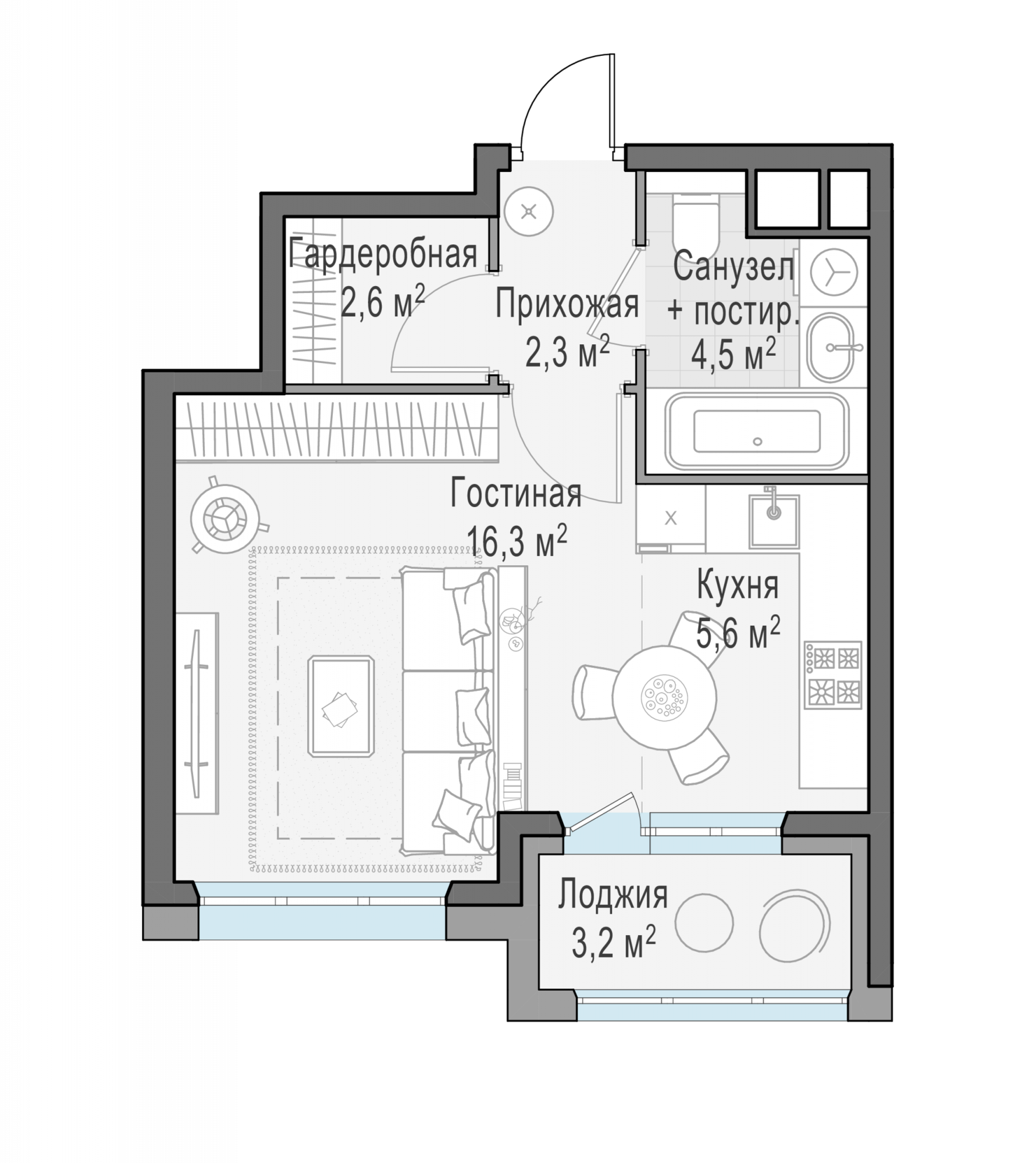 Студия, 32.9 м²
