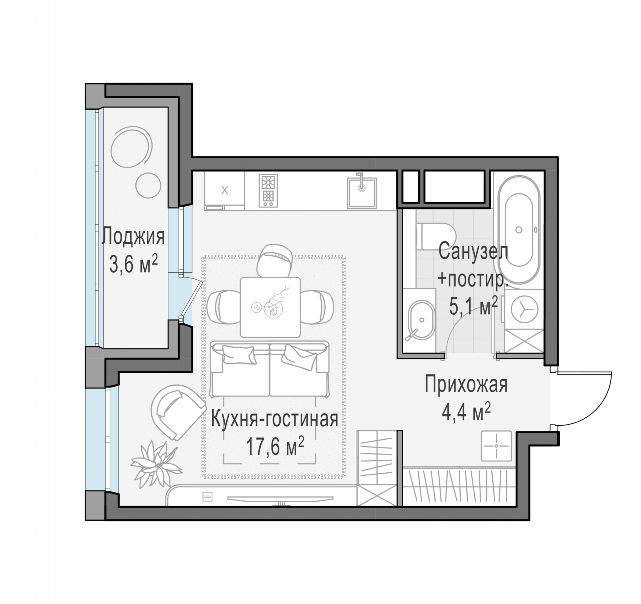 Студия, 28.9 м²