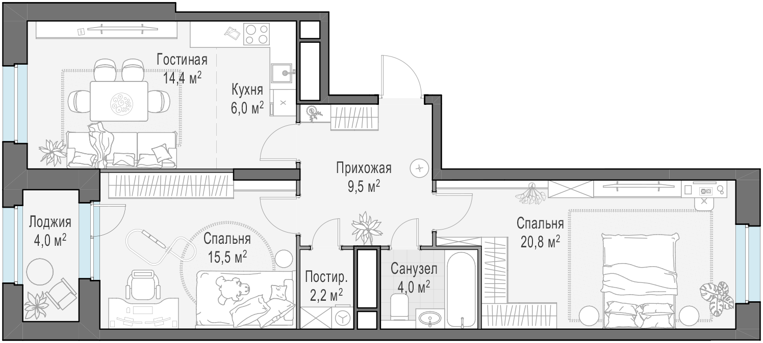 74.4 м²