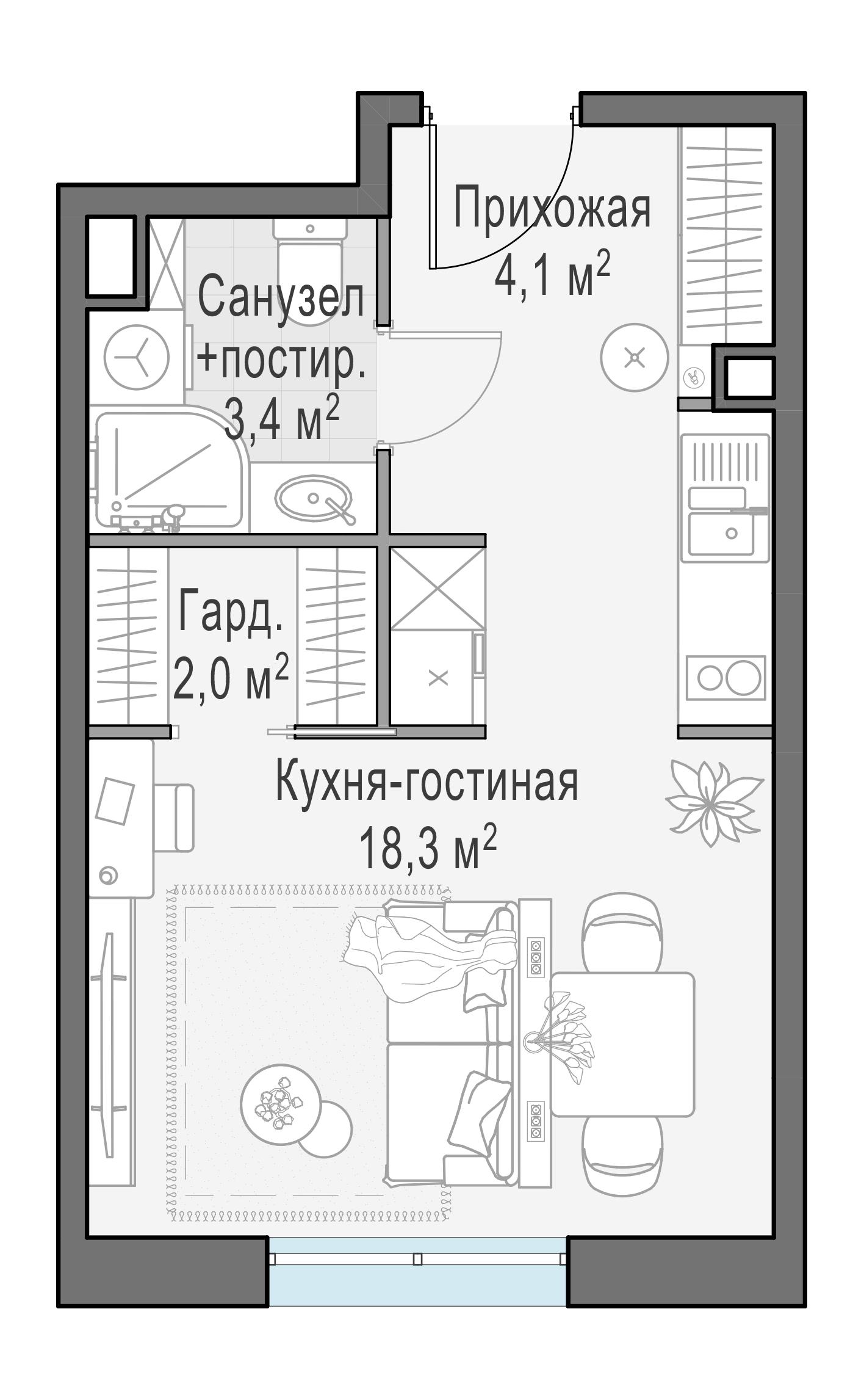 Студия, 28.3 м²