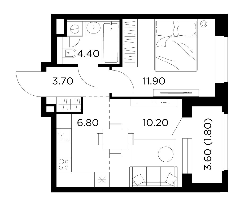 2-комнатная квартира 38.8 м² №63 по цене 7 140 325 ₽ в ЖК Белый Grad -  купить у застройщика Ingrad