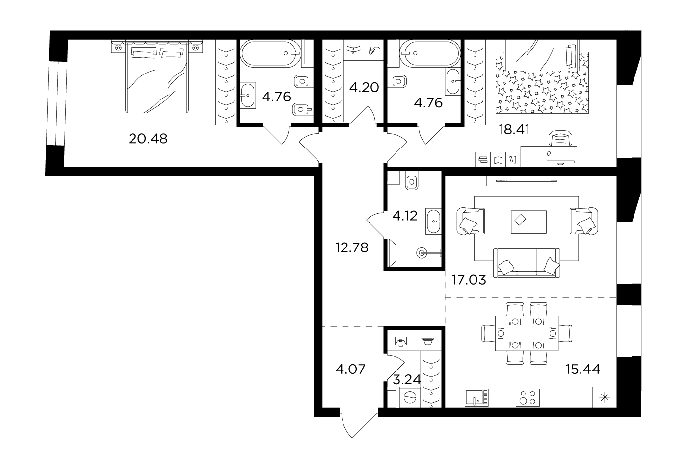 3-комнатная квартира 109.29 м² №343 по цене 43 638 886 ₽ в ЖК FORIVER -  купить у застройщика Ingrad