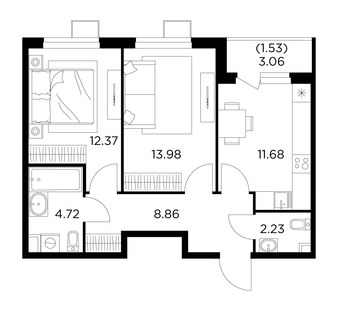 2-комнатная квартира 55.37 м² №70 по цене 8 430 083 ₽ в ЖК Новое Пушкино -  купить у застройщика Ingrad