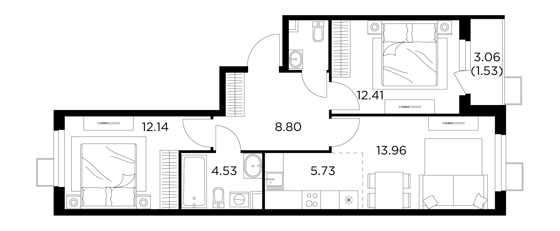 3-комнатная квартира 61.05 м² №113 по цене 11 930 059 ₽ в ЖК Новое Пушкино  - купить у застройщика Ingrad