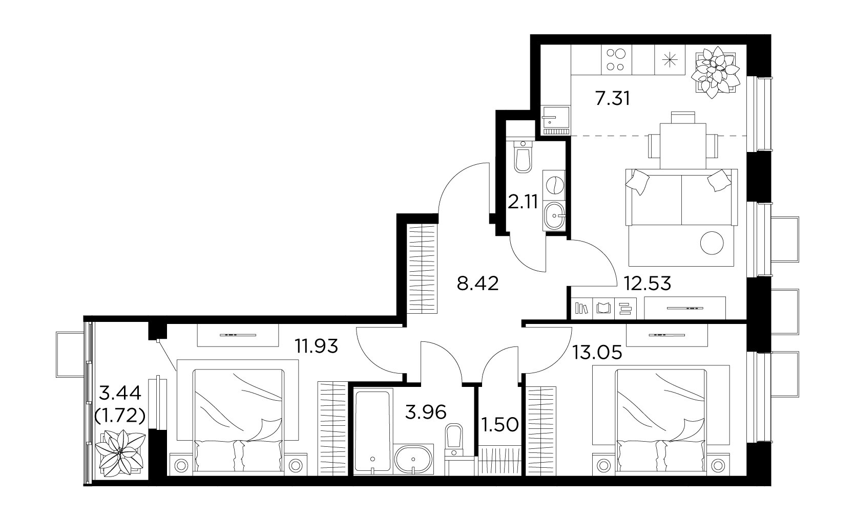 3-комнатная квартира 62.53 м² №254 по цене 10 940 812 ₽ в ЖК Новое Пушкино  - купить у застройщика Ingrad