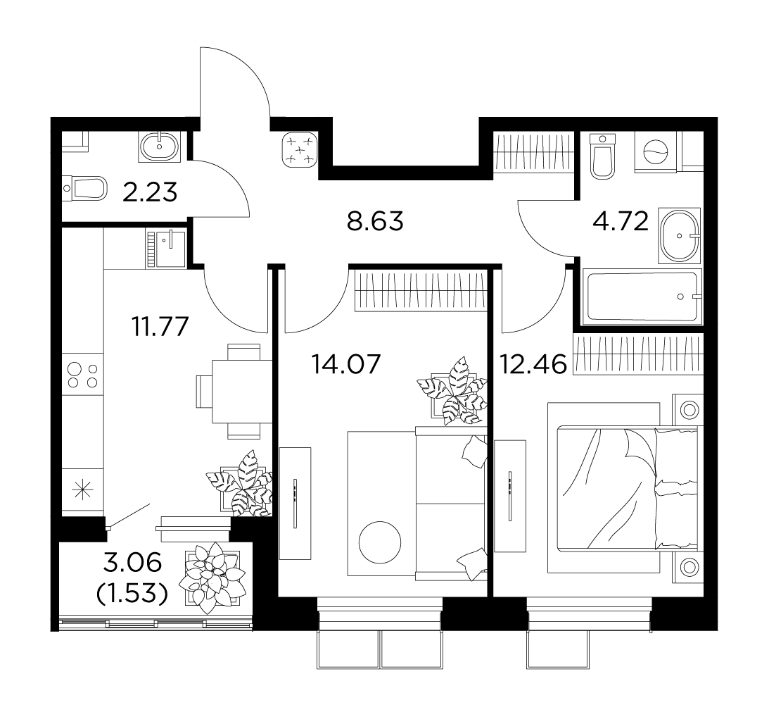 2-комнатная квартира 55.41 м² №407 по цене 8 196 062 ₽ в ЖК Новое Пушкино -  купить у застройщика Ingrad