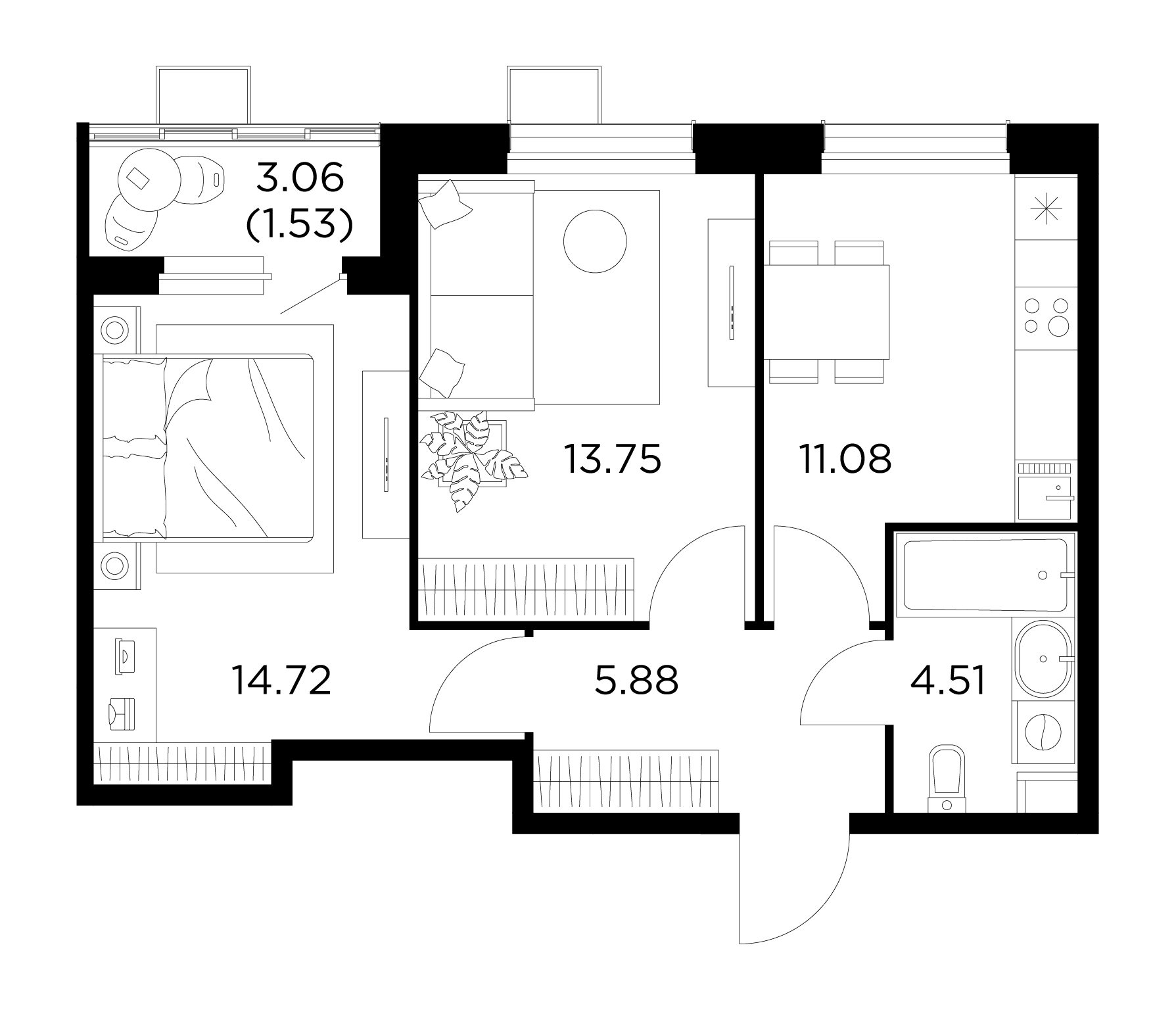 2-комнатная квартира 51.47 м² №589 по цене 8 021 239 ₽ в ЖК Новое Пушкино -  купить у застройщика Ingrad