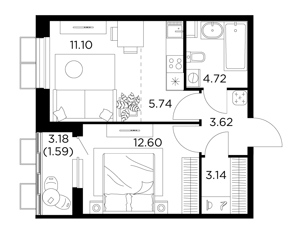 2-комнатная квартира 42.51 м² №608 по цене 6 615 185 ₽ в ЖК Новое Пушкино -  купить у застройщика Ingrad