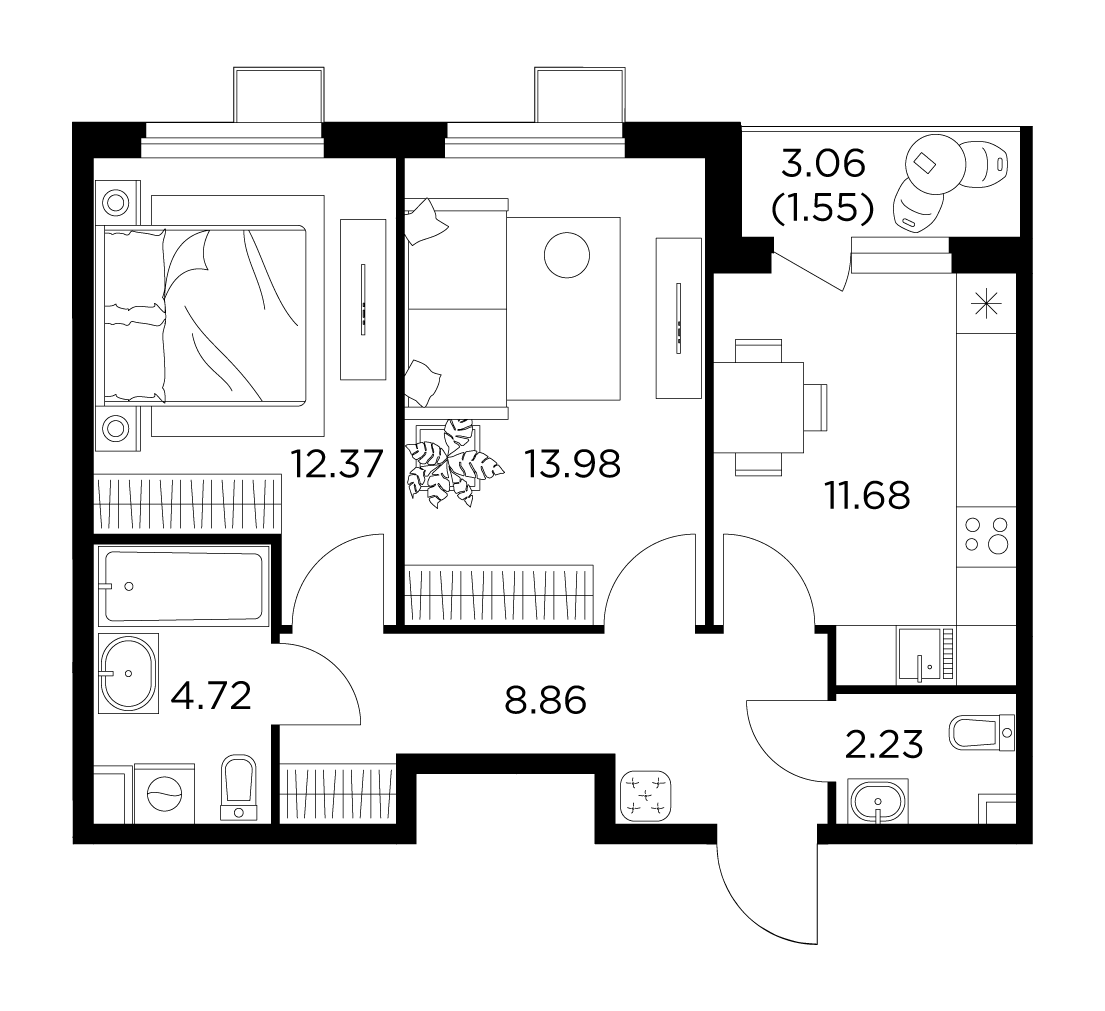 2-комнатная квартира 55.37 м² №98 по цене 9 851 743 ₽ в ЖК Новое Пушкино -  купить у застройщика Ingrad