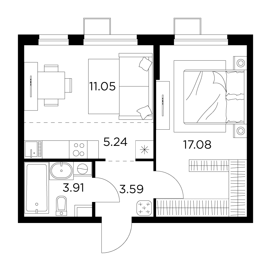 2-комнатная квартира 40.87 м² №175 по цене 8 305 197 ₽ в ЖК Новое Пушкино -  купить у застройщика Ingrad