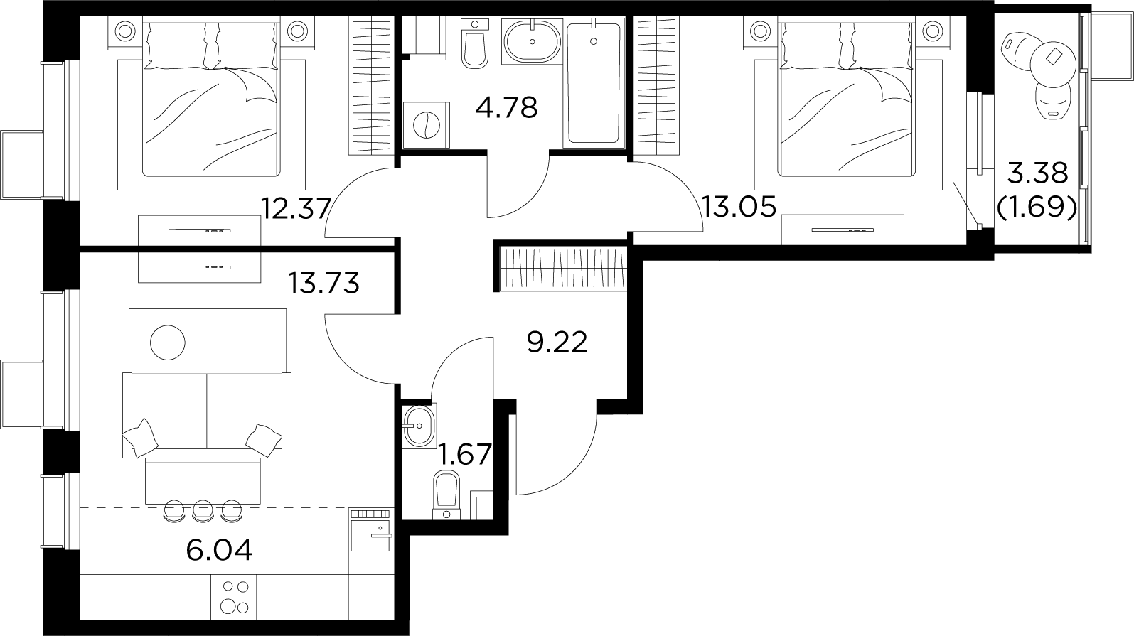 3-комнатная квартира 62.55 м² №151 по цене 11 369 653 ₽ в ЖК Новое Пушкино  - купить у застройщика Ingrad