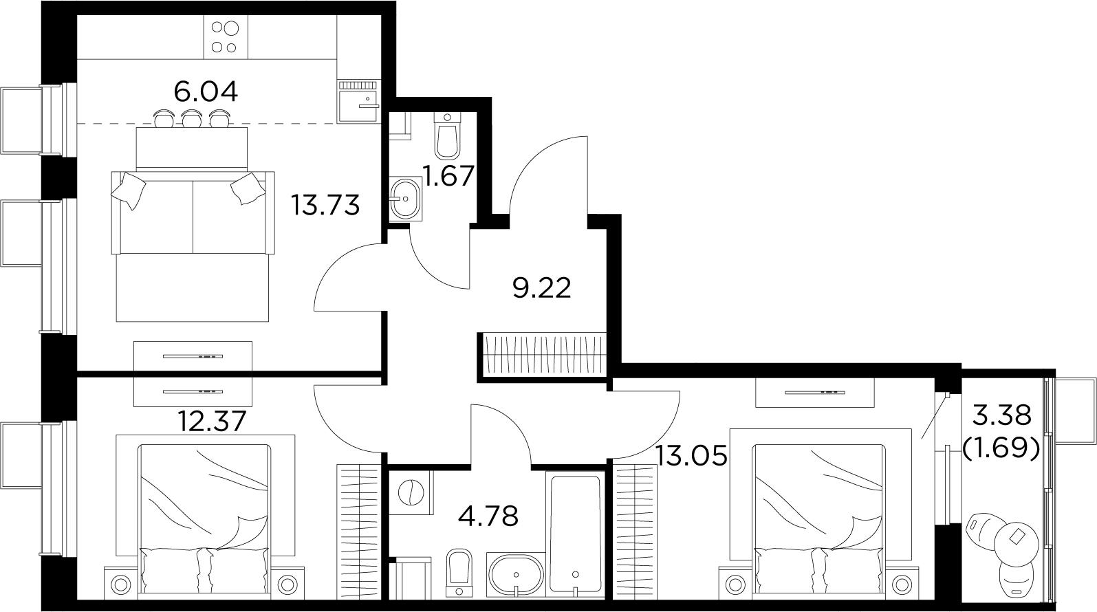 3-комнатная квартира 62.55 м² №427 по цене 11 686 342 ₽ в ЖК Новое Пушкино  - купить у застройщика Ingrad