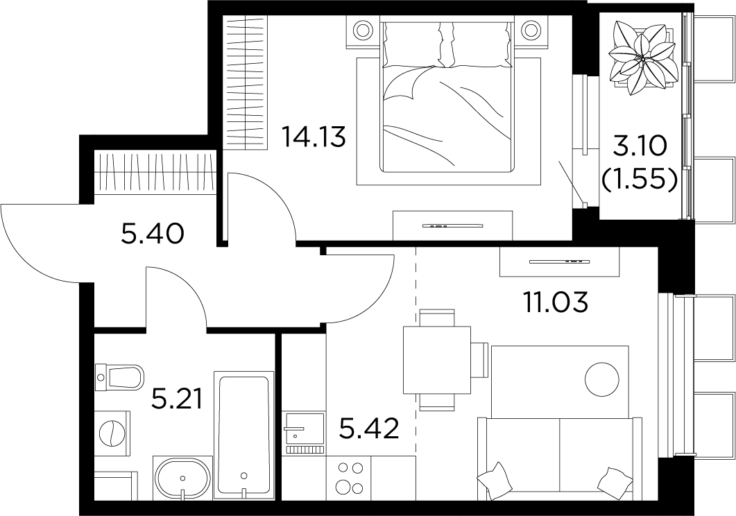 2-комнатная квартира 42.74 м² №408 по цене 8 885 646 ₽ в ЖК Новое Пушкино -  купить у застройщика Ingrad