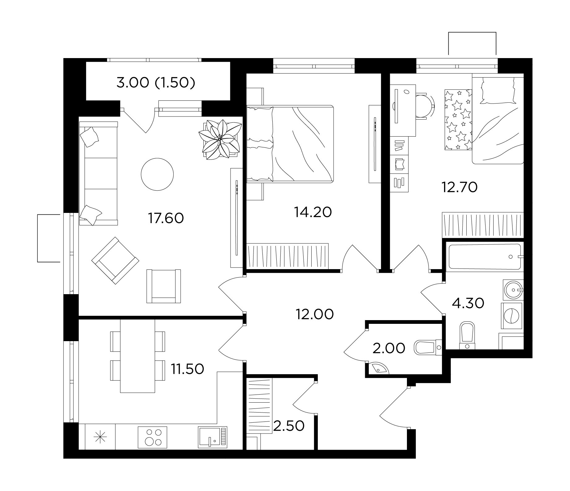 3-комнатная квартира 78.3 м² №83 по цене 13 111 413 ₽ в ЖК Миловидное -  купить у застройщика Ingrad