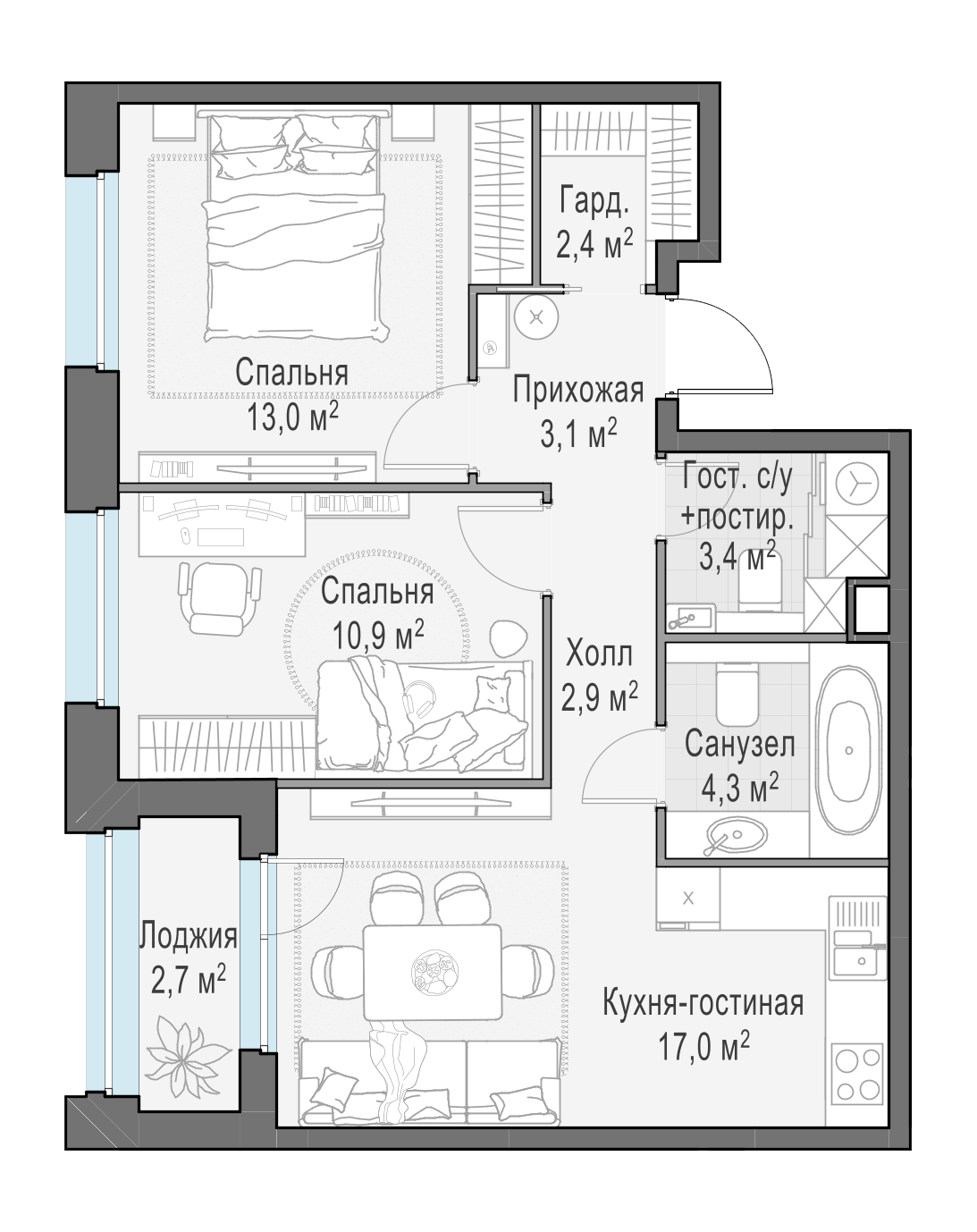 58.6 м²