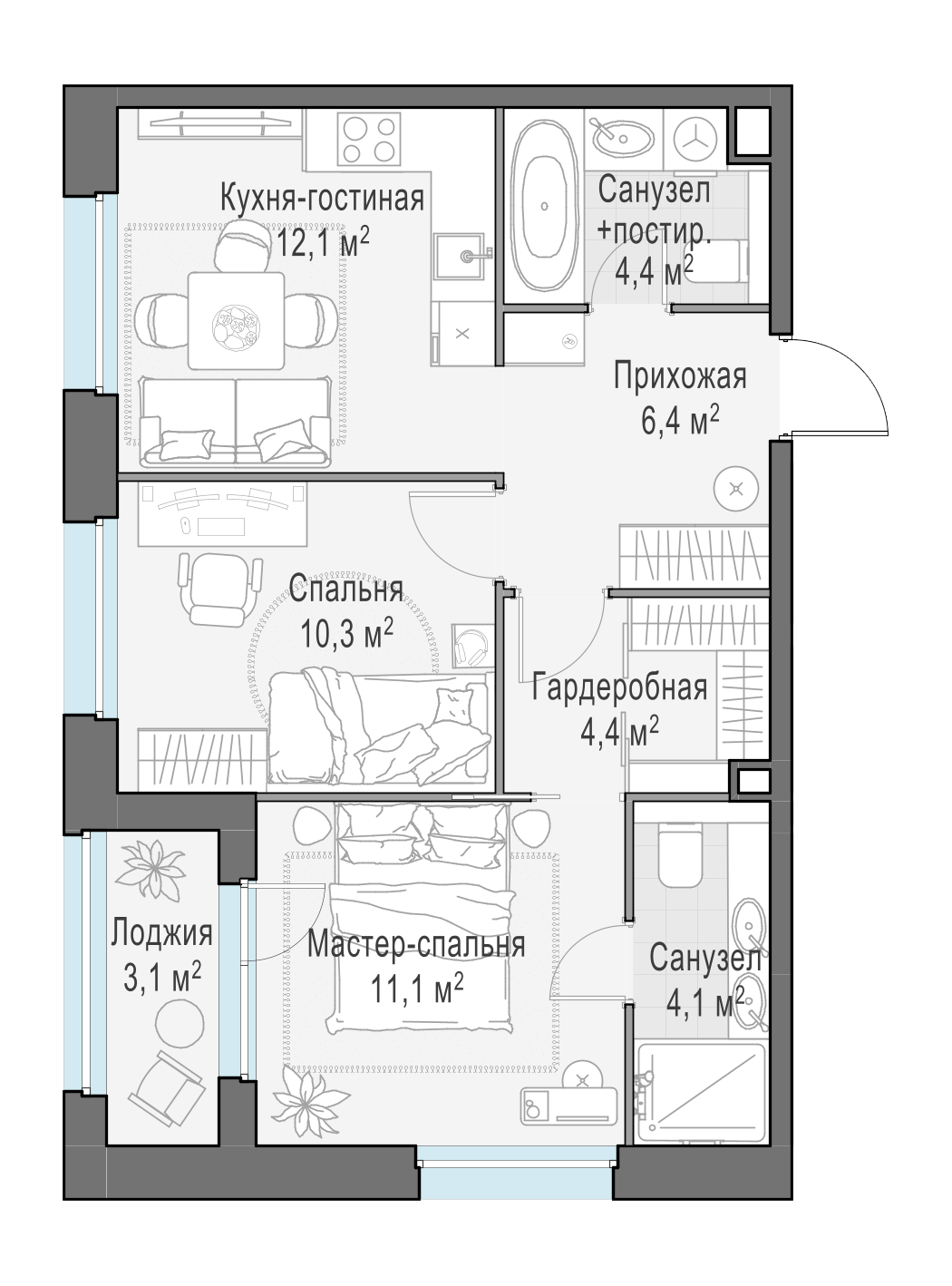 54.4 м²