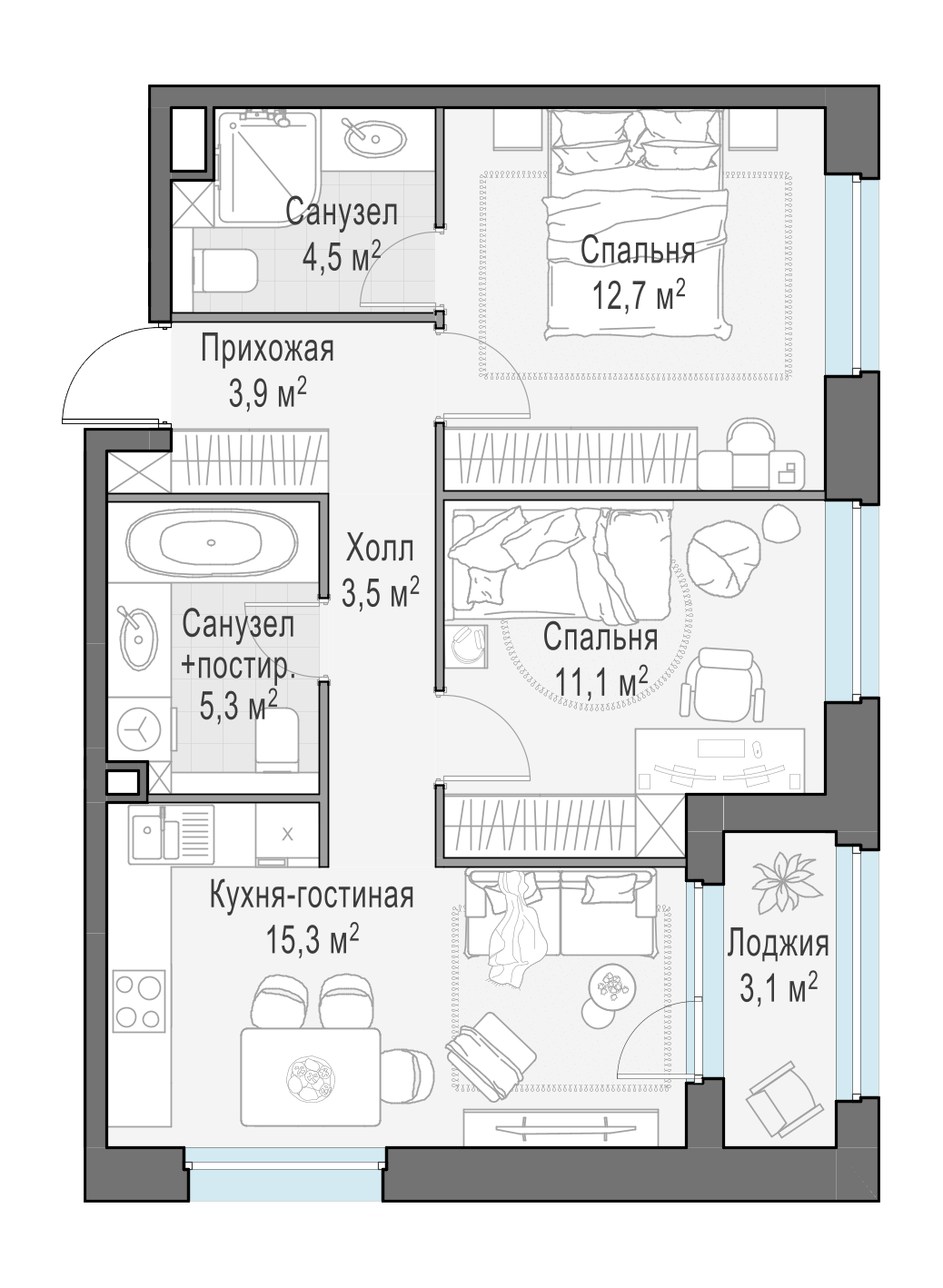 58.5 м²