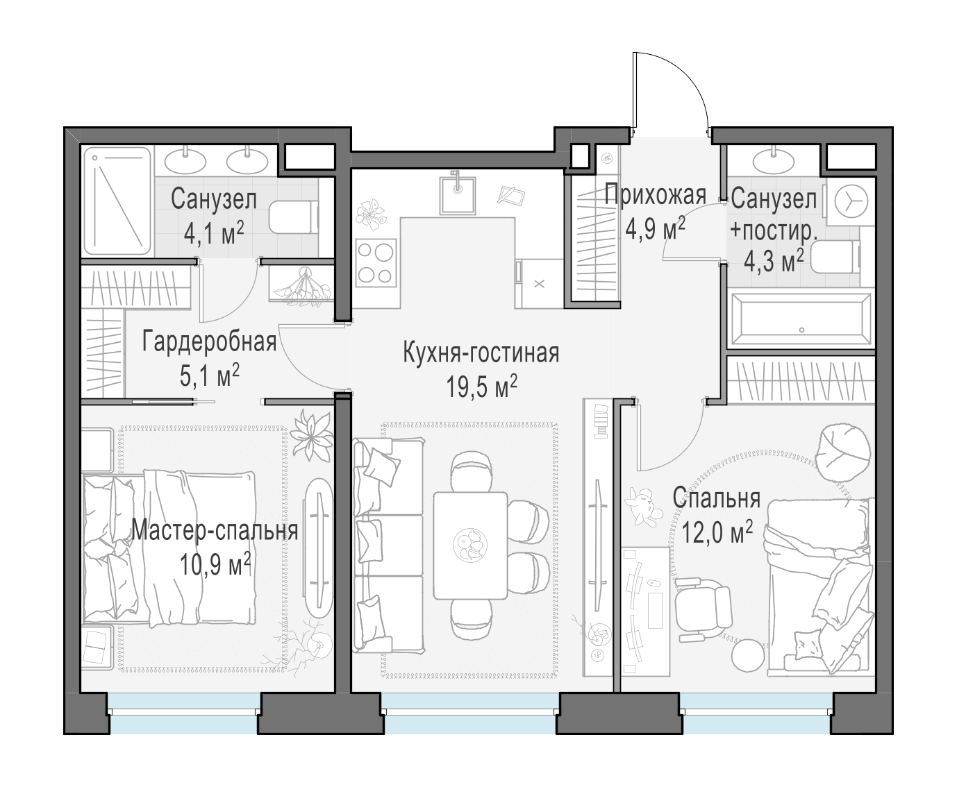 60.9 м²