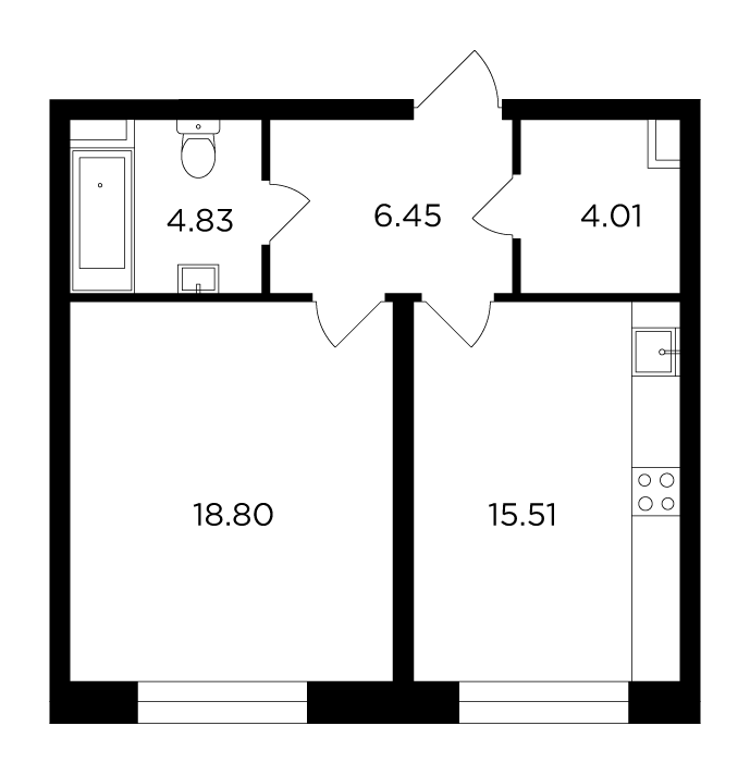 1-комнатная 49.6 м²