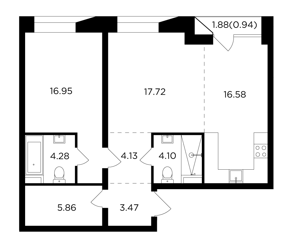 2-комнатная 74.04 м²