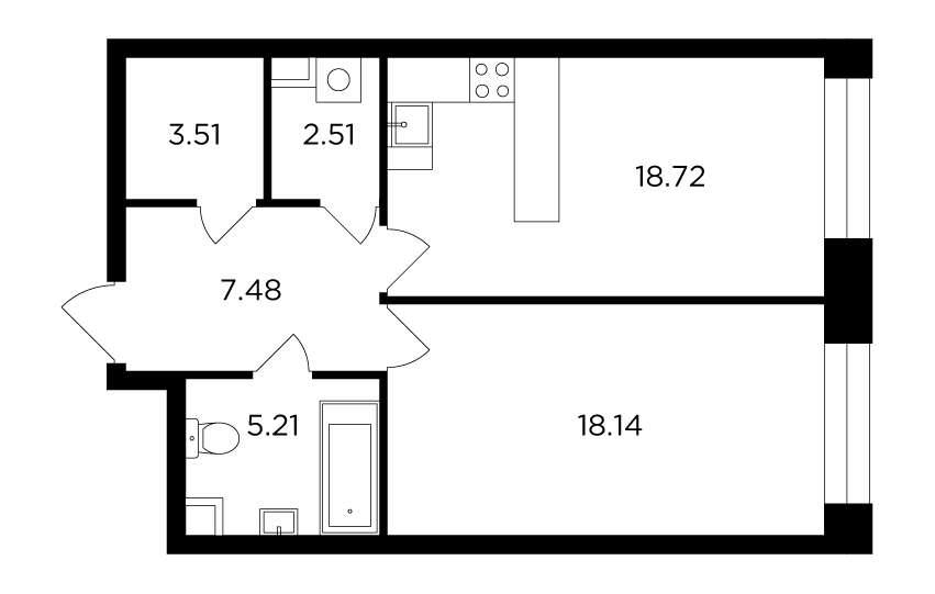 1-комнатная 55.57 м²
