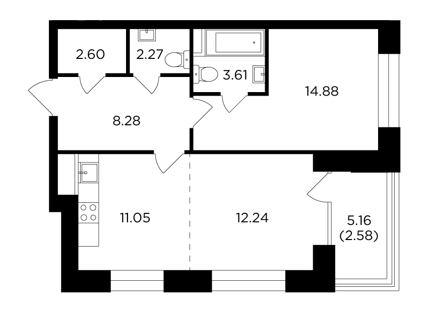 2-комнатная 57.51 м²