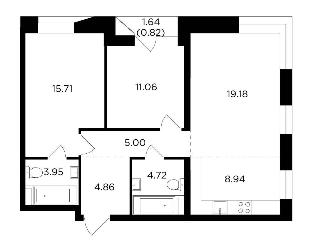 3-комнатная 74.24 м²