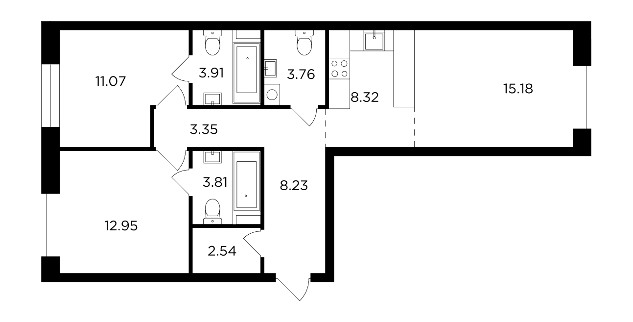 3-комнатная 73.12 м²