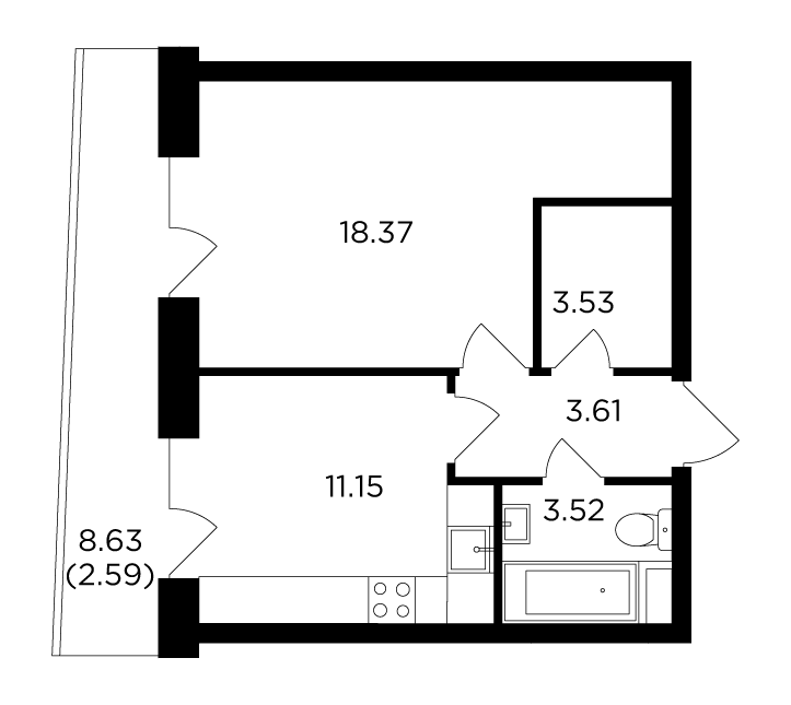 1-комнатная 42.77 м²