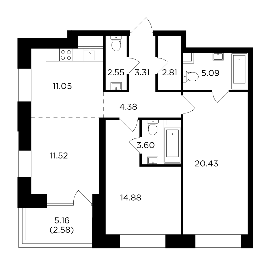 3-комнатная 82.2 м²