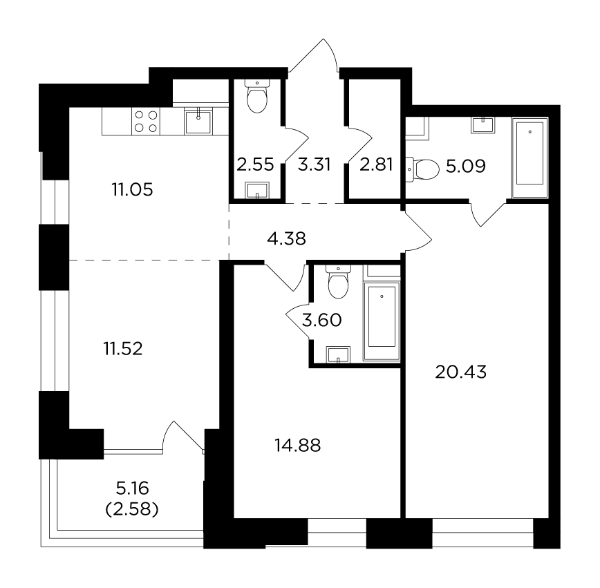 3-комнатная 82.2 м²