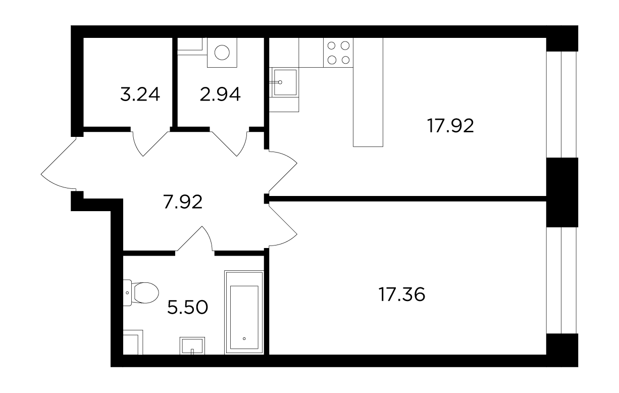 1-комнатная 54.88 м²