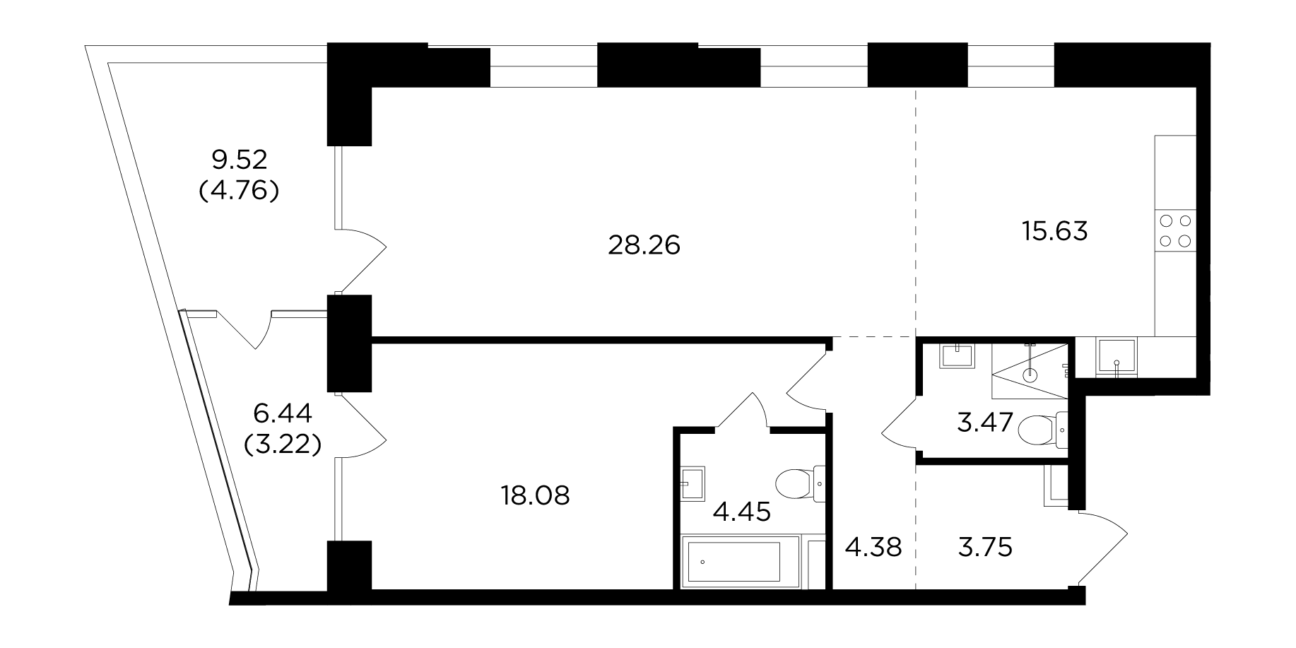 2-комнатная 86 м²