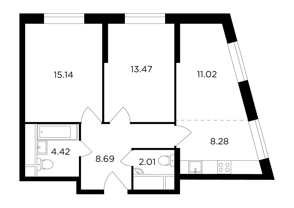 3-комнатная 63.2 м²