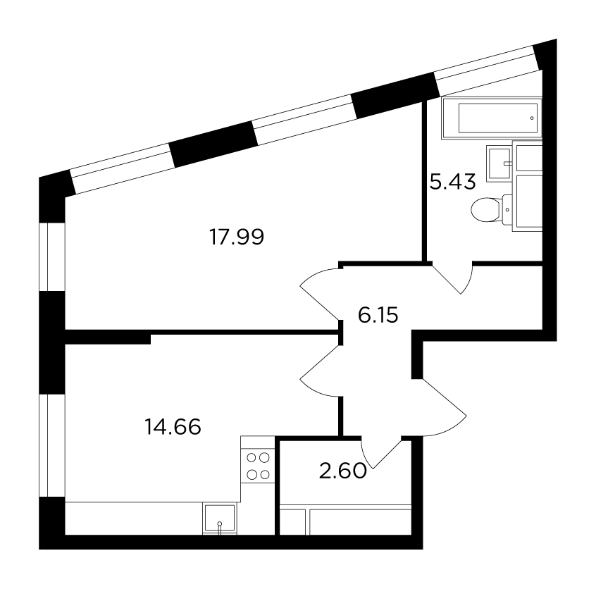 1-комнатная 46.7 м²