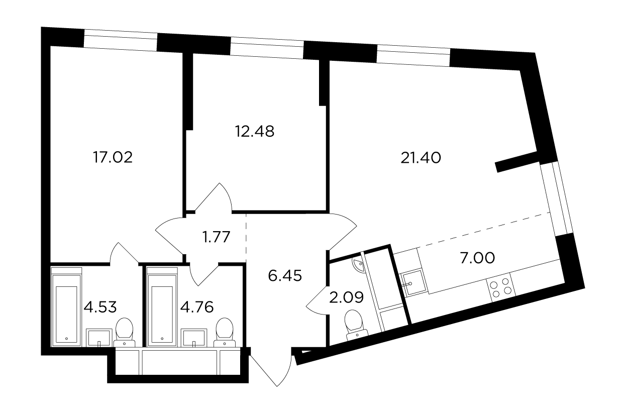 3-комнатная 77.6 м²