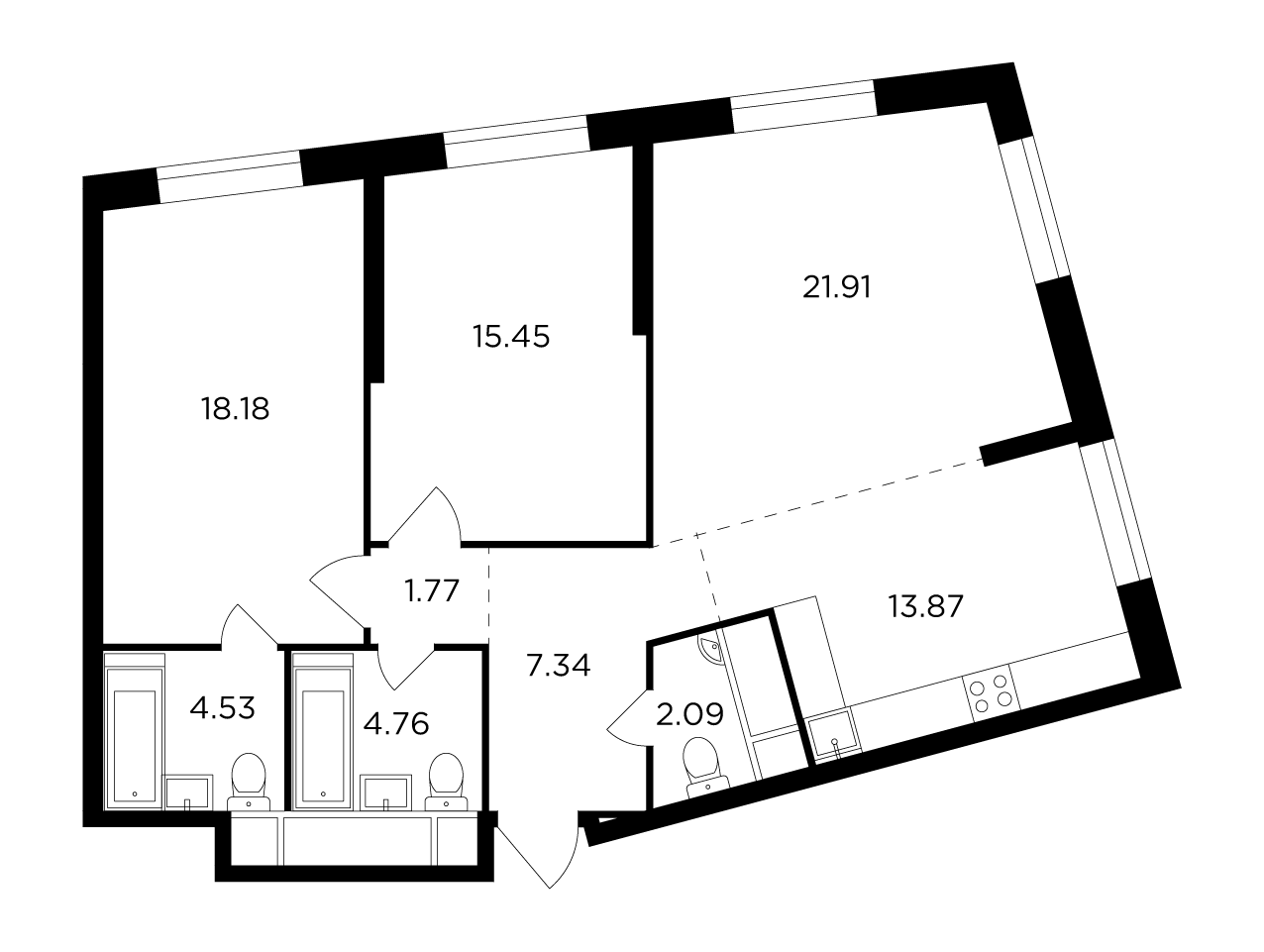 3-комнатная 90.2 м²