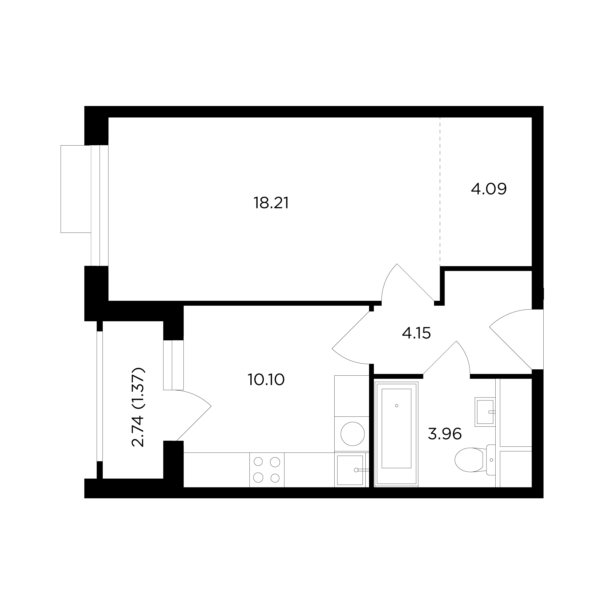 1-комнатная 42.1 м²