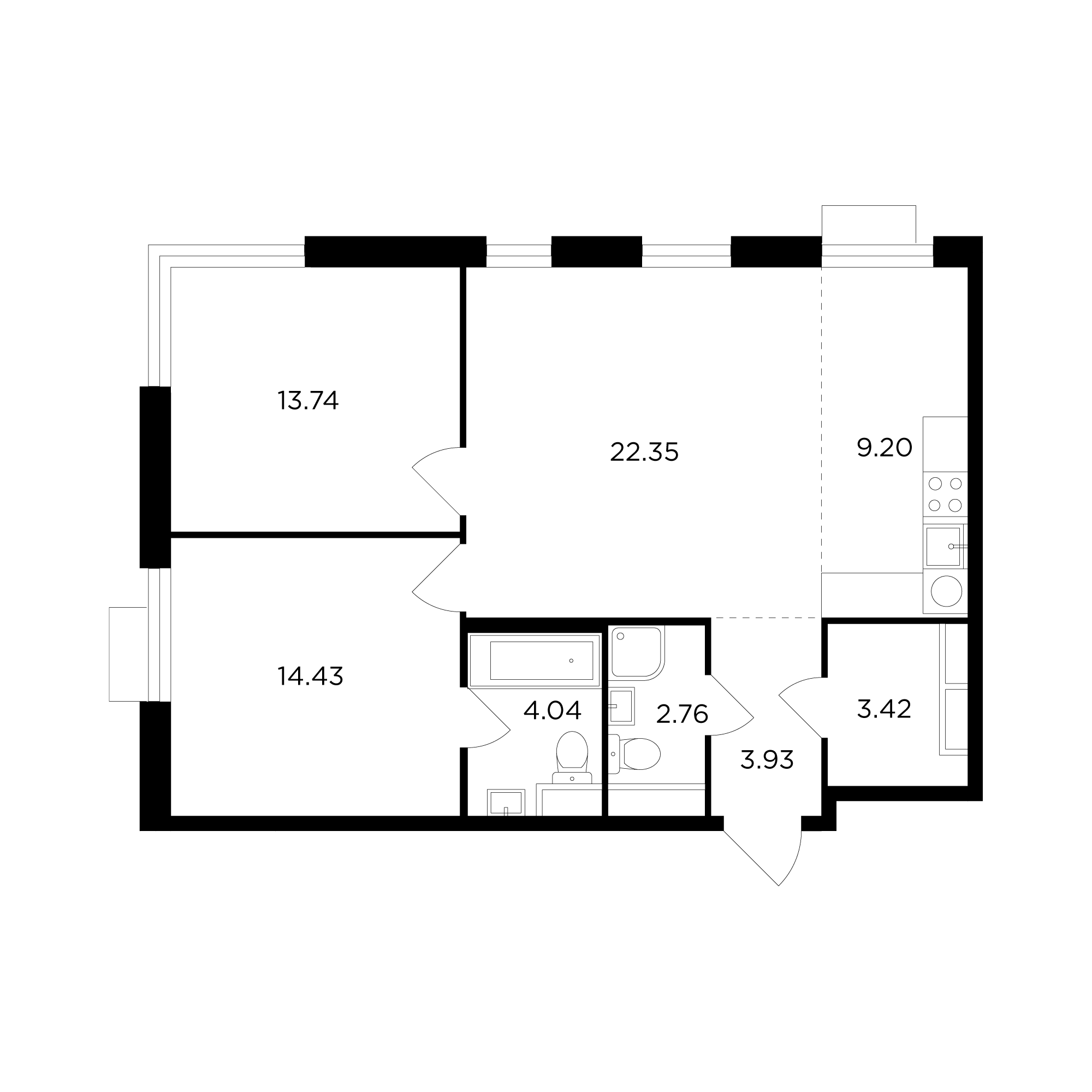 3-комнатная 73.9 м²