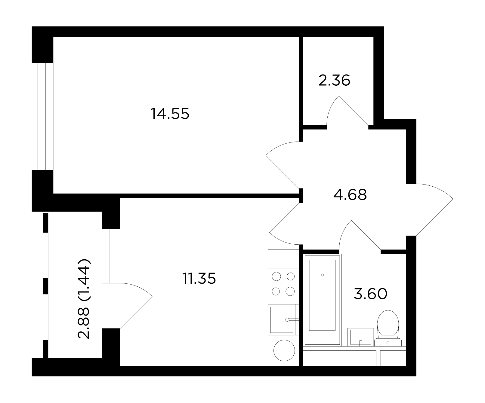 1-комнатная 38 м²