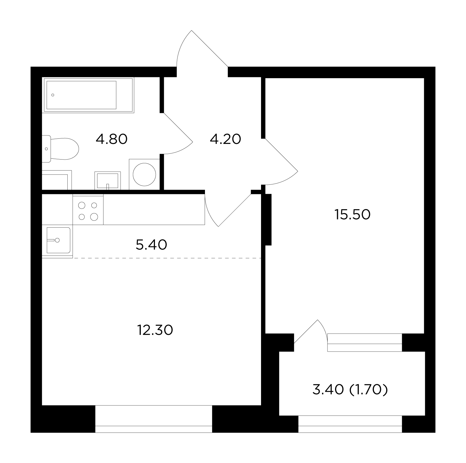 2-комнатная 44 м²