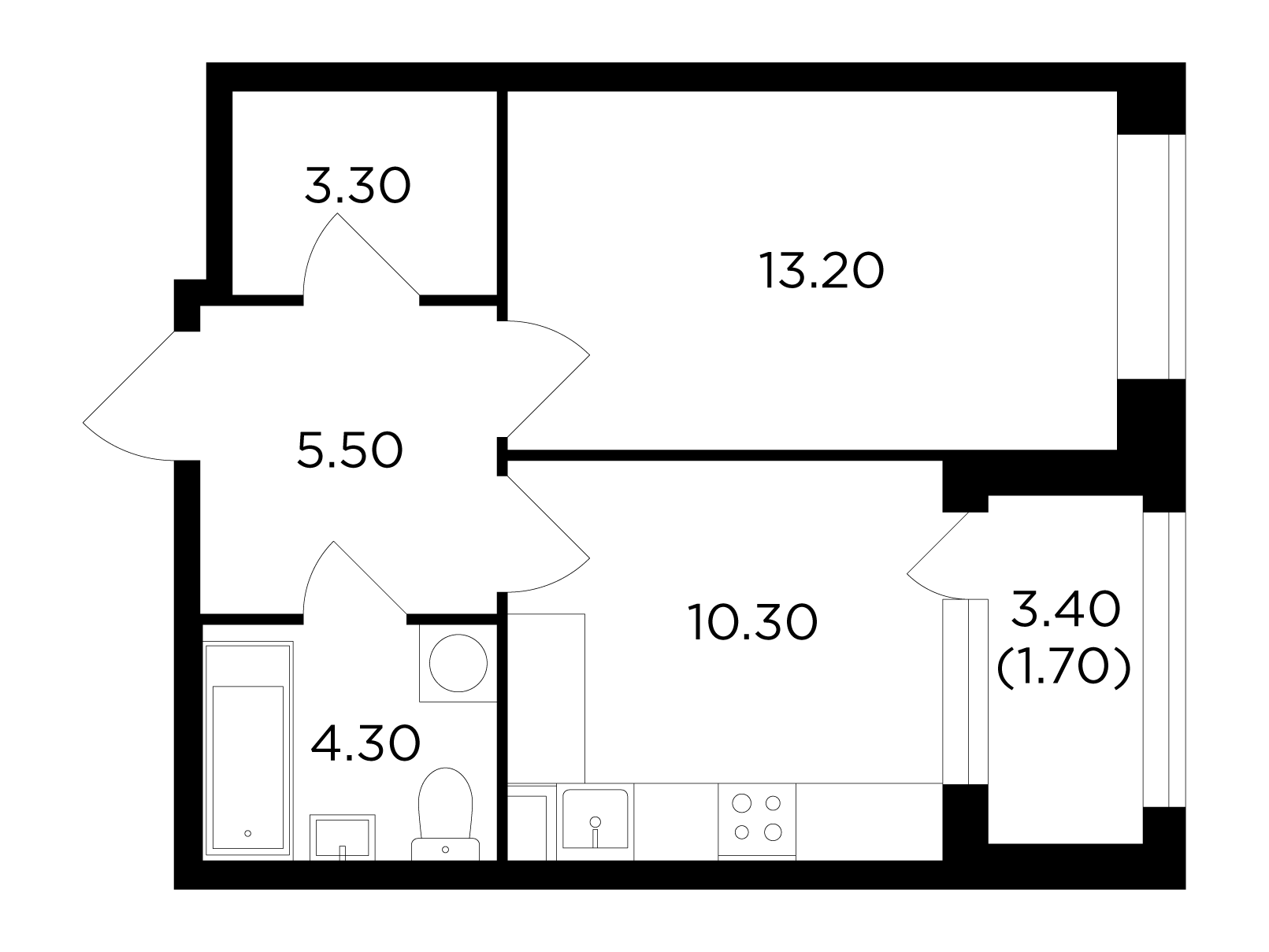 1-комнатная 38.3 м²