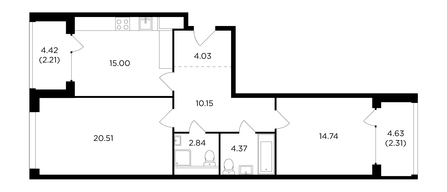 2-комнатная квартира 77.4 м² №1251 по цене 47 489 383 ₽ в ЖК RIVERSKY -  купить у застройщика Ingrad