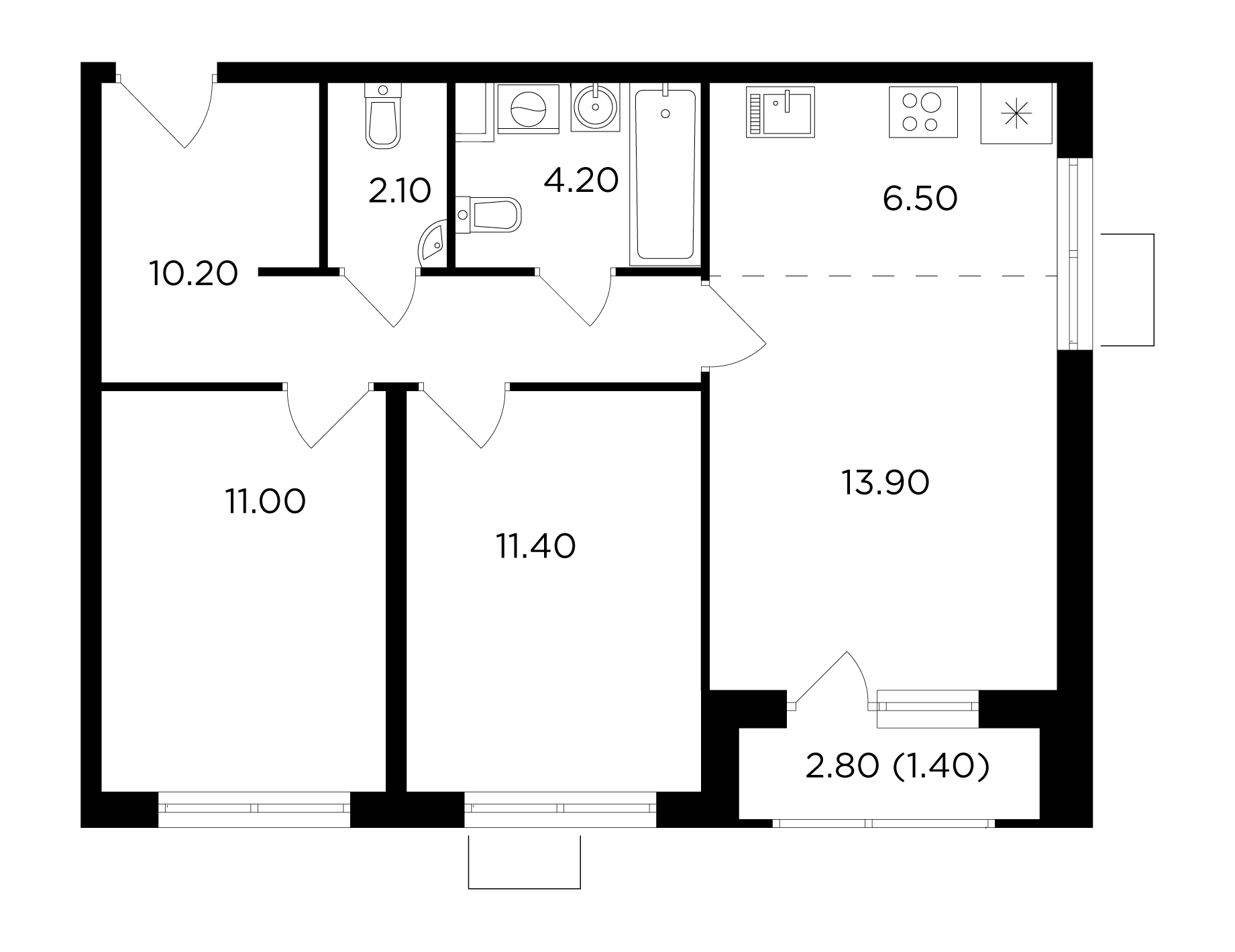 3-комнатная 60.7 м²