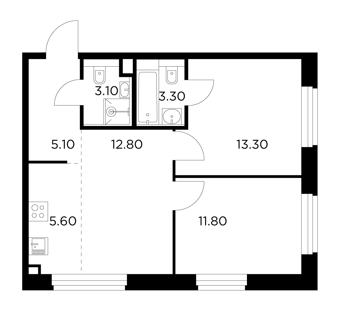 3-комнатная 55 м²