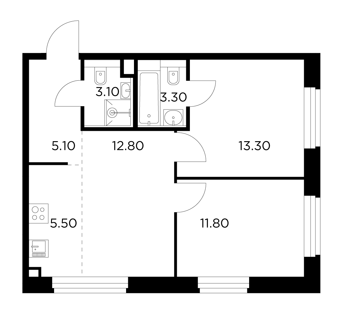 3-комнатная 54.9 м²
