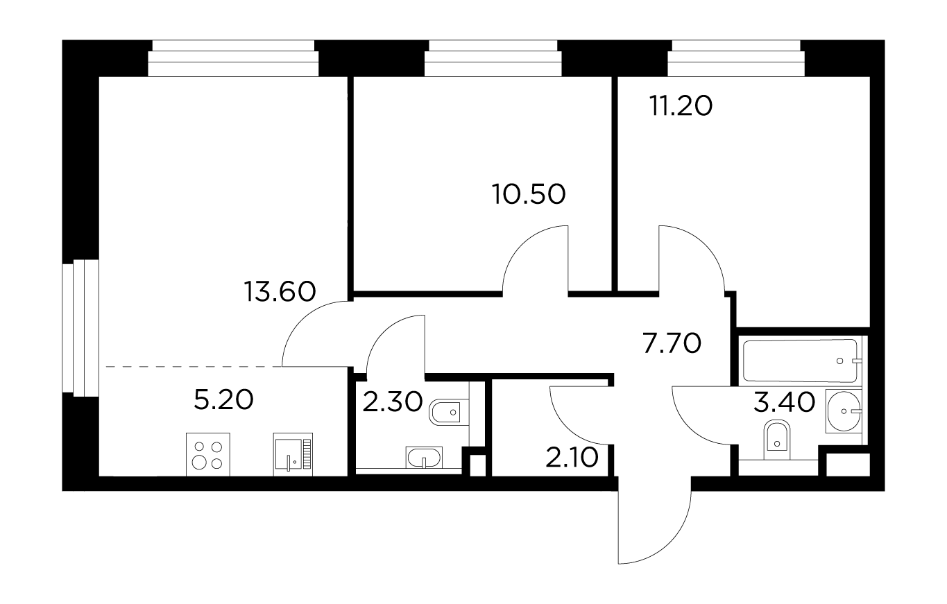 3-комнатная 56 м²