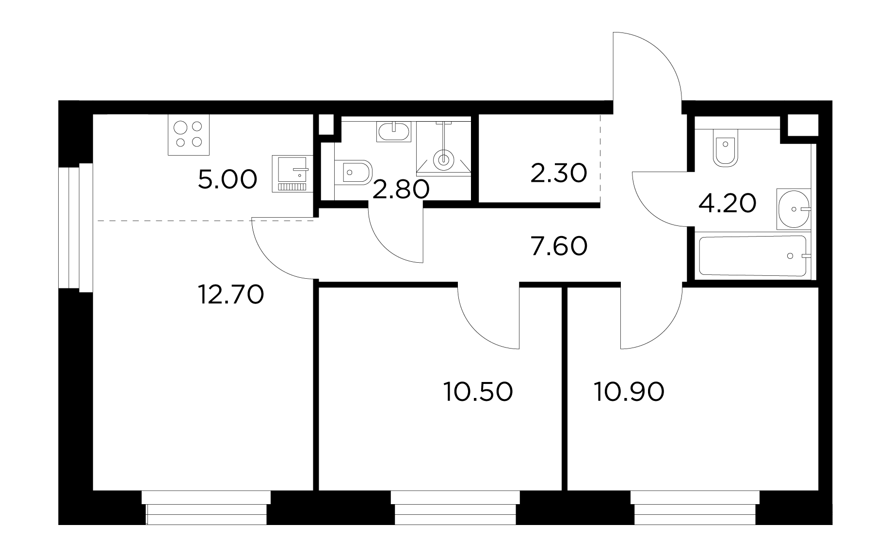 3-комнатная 56 м²