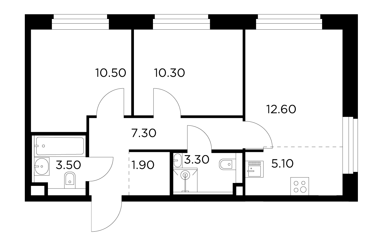 3-комнатная 54.5 м²