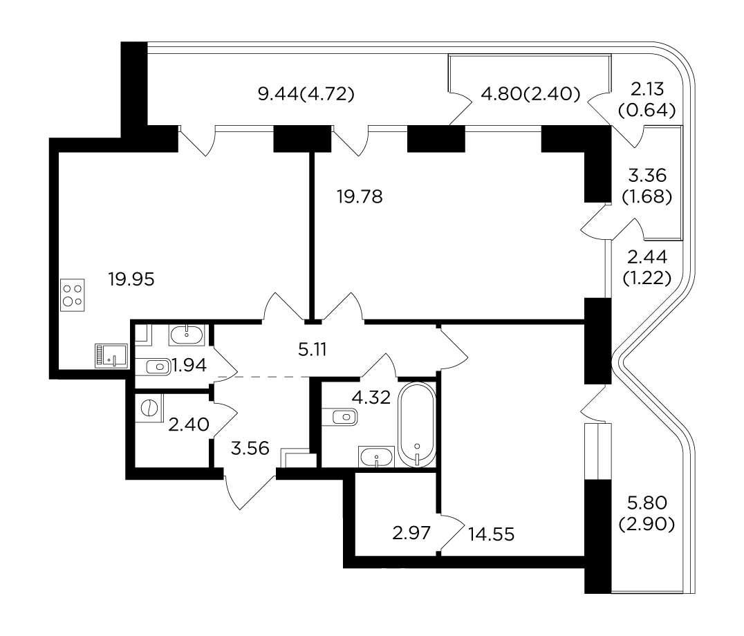 2-комнатная 88.14 м²